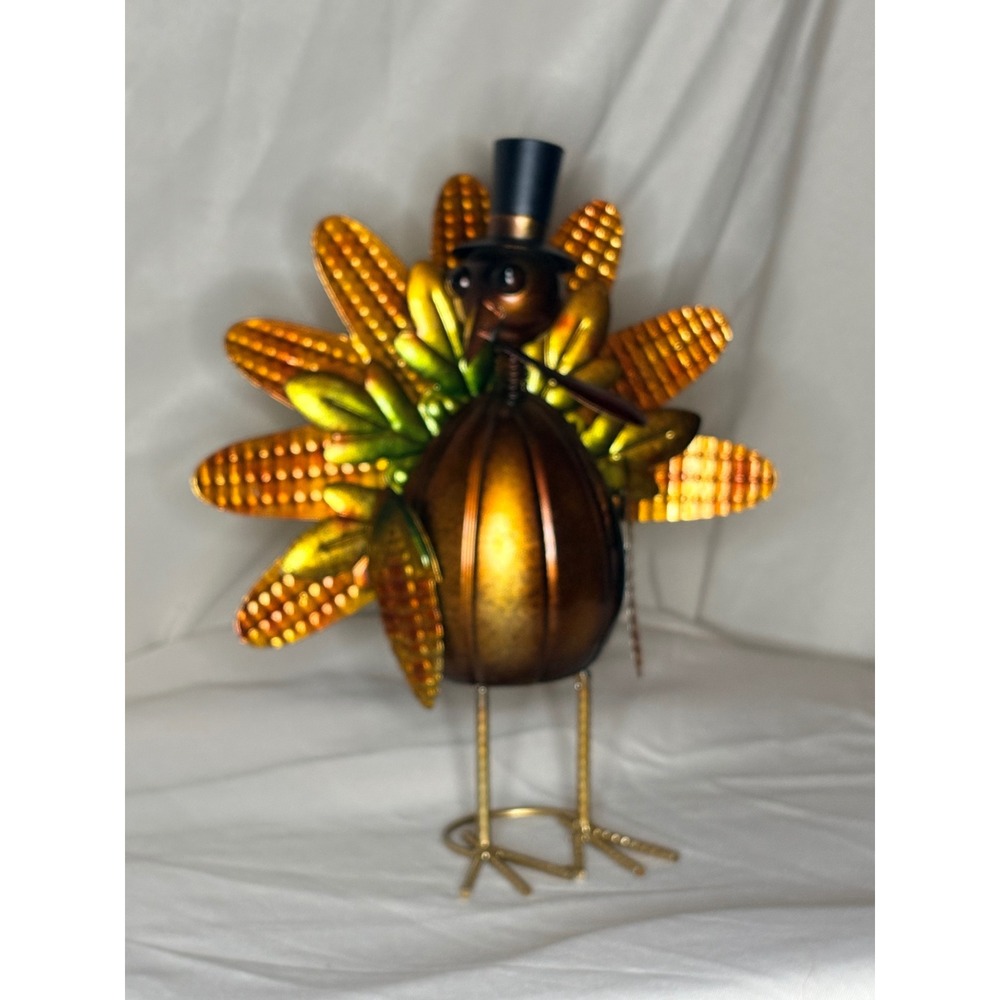 Metal Turkey Figurine Top Hat Pumpkin Body Thanksgiving Fall Decor 12.5 Inch